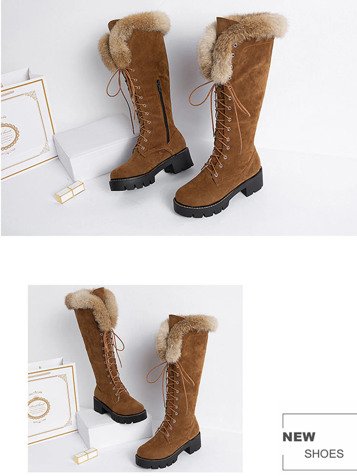 Retro Furry Chunky Heel Snow Boots - Image 10