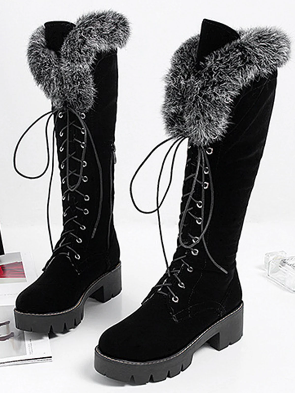 Retro Furry Chunky Heel Snow Boots - Image 2