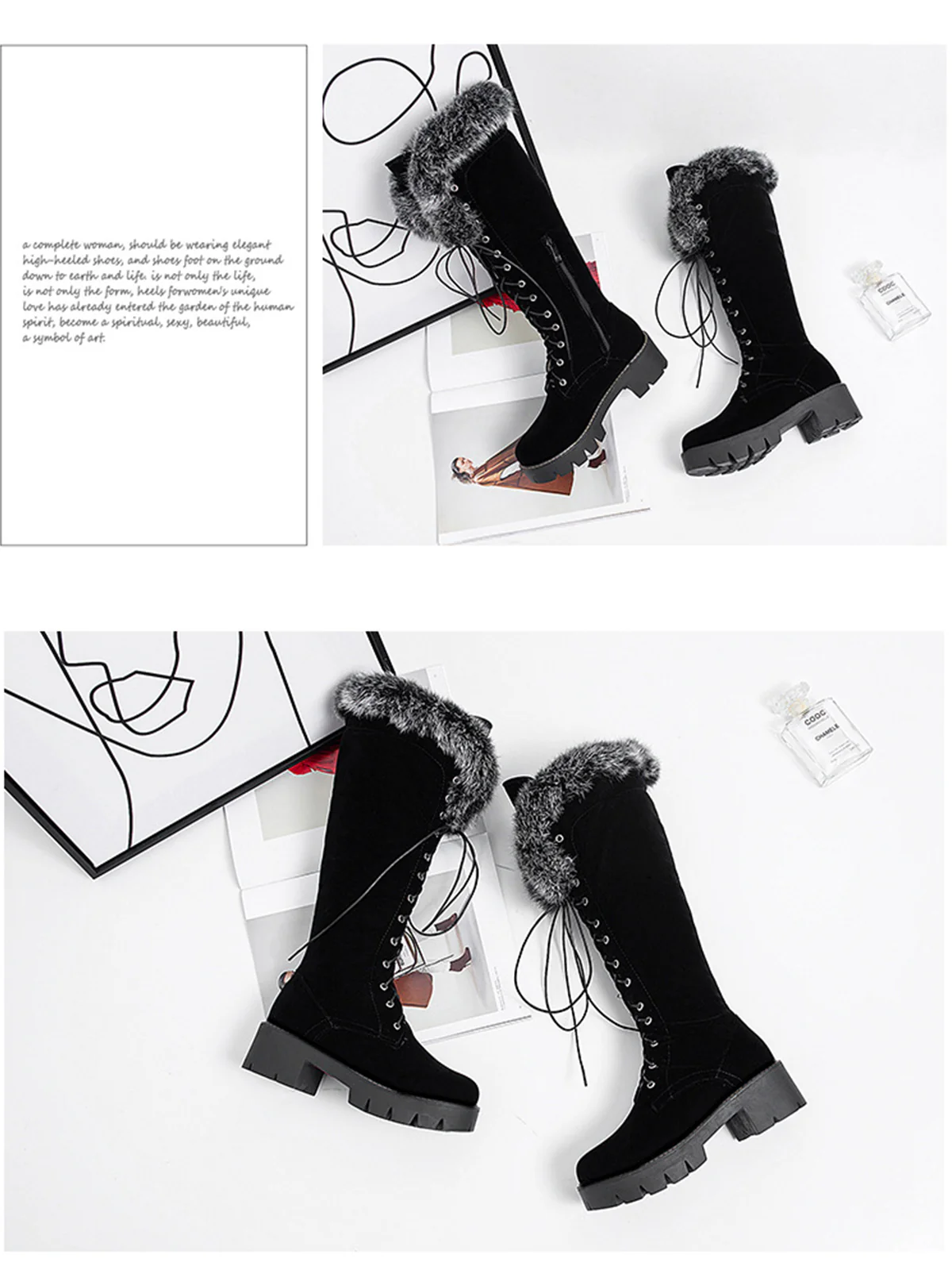 Retro Furry Chunky Heel Snow Boots - Image 3