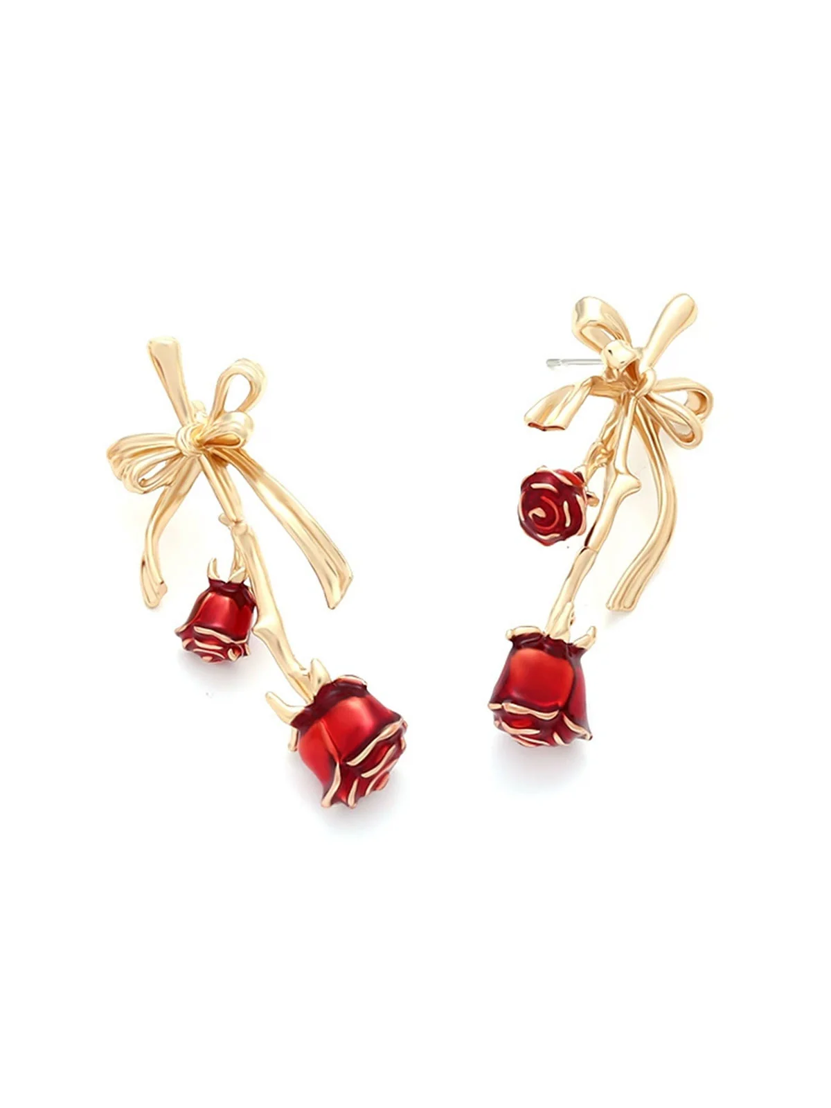 Retro Gold Ribbon 3D Rose Earrings - Image 2