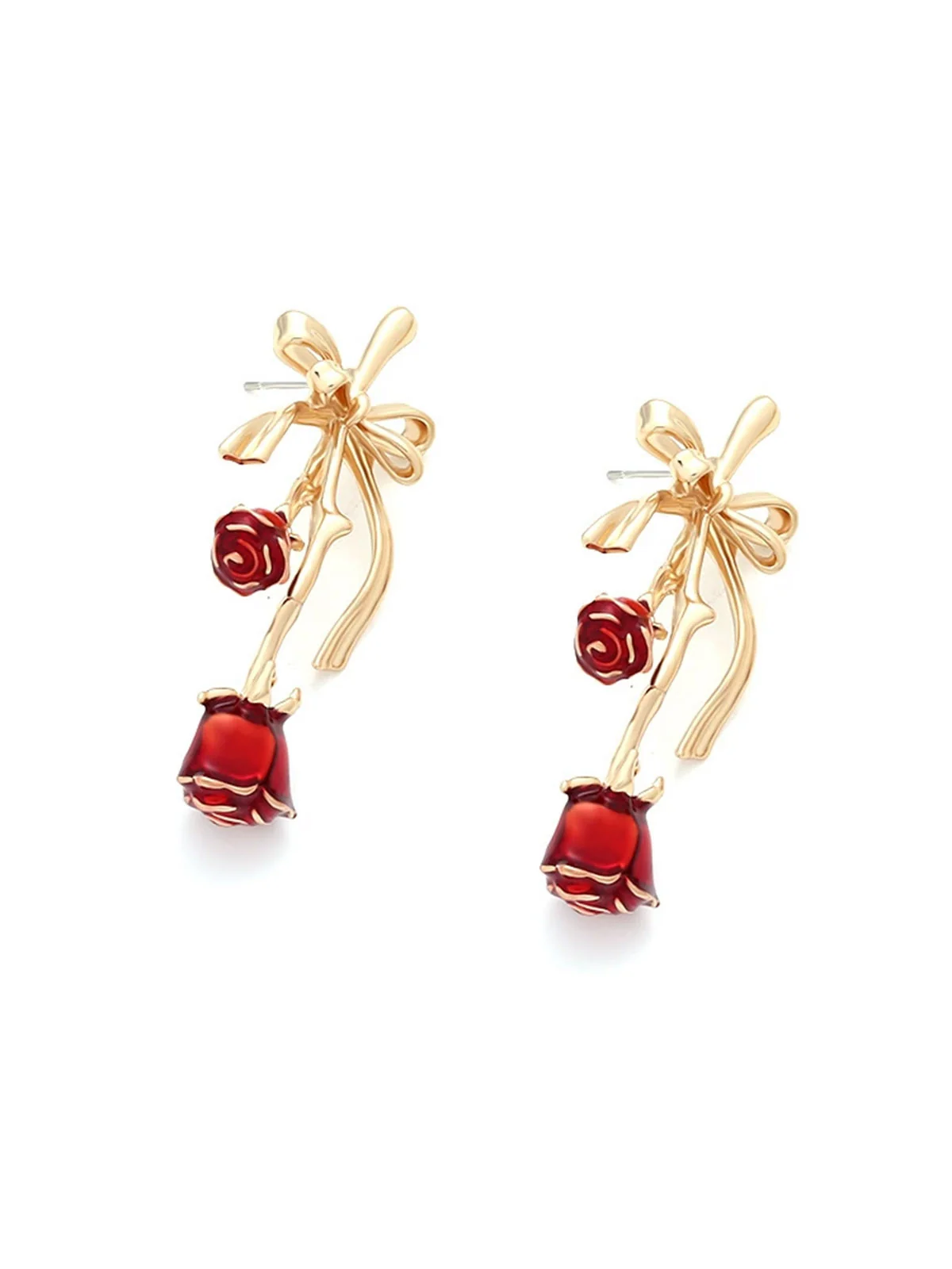 Retro Gold Ribbon 3D Rose Earrings - Image 3