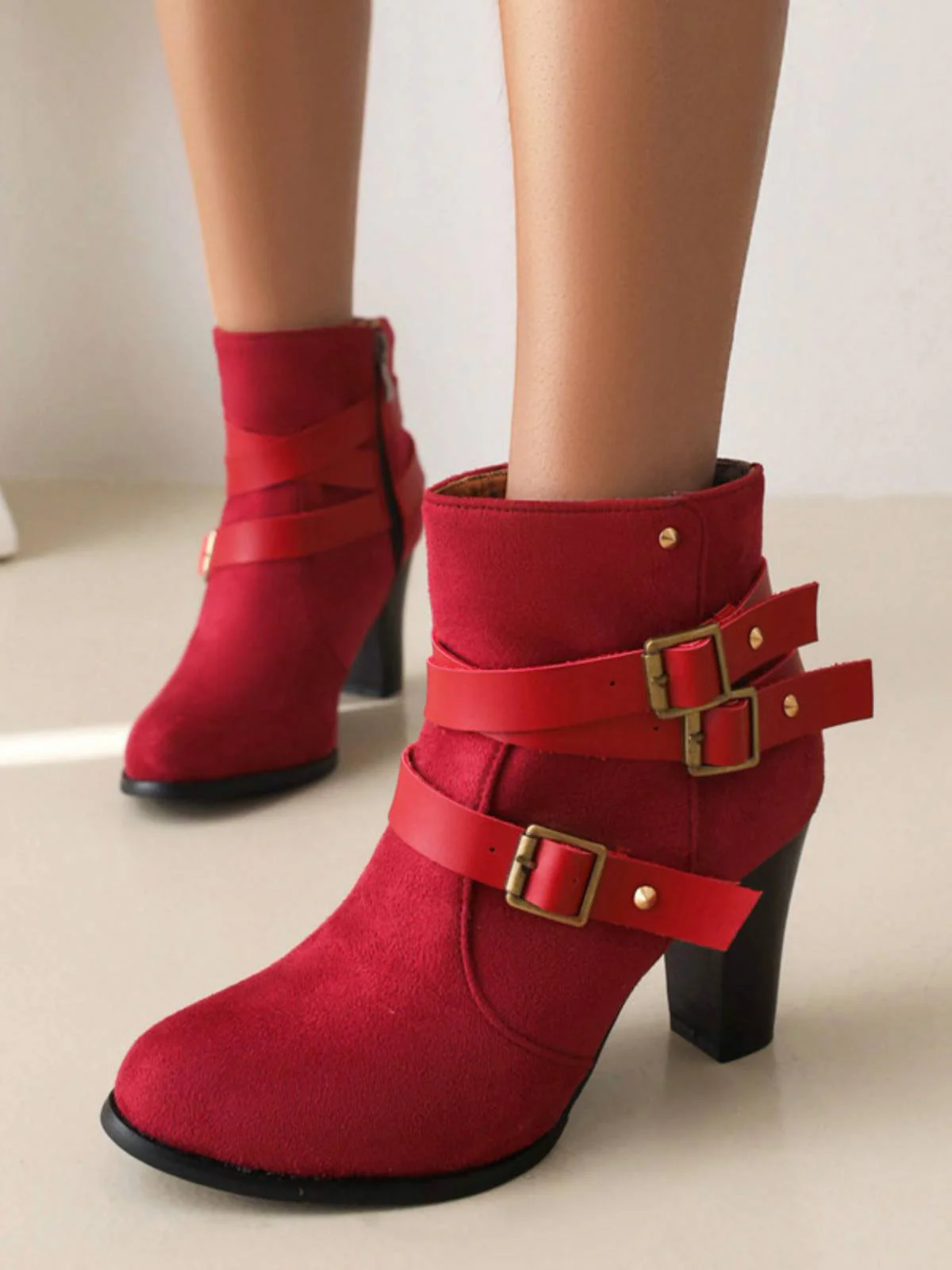 Retro Leather Belt Suede High Heel Shoes - Image 7