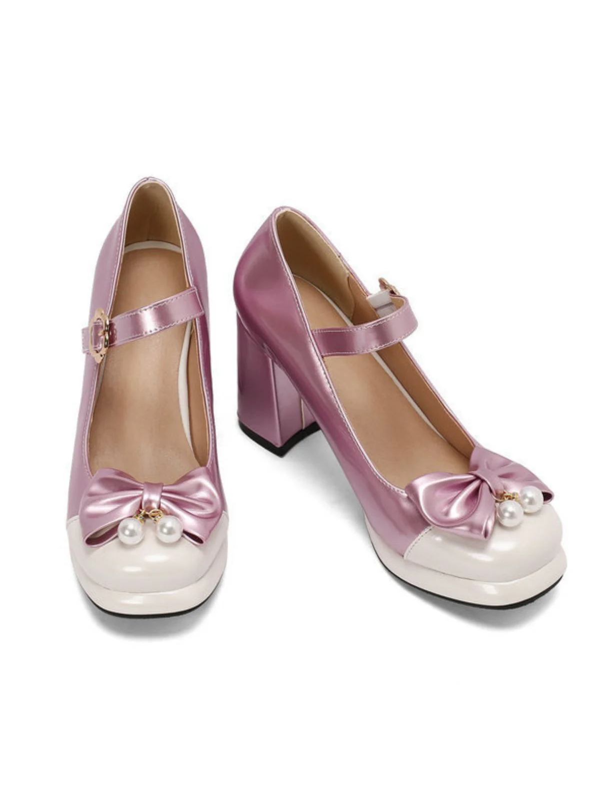 Retro Leather Colorblock Bowknot Chunky Heels - Image 13