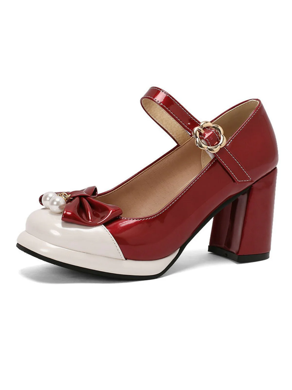 Retro Leather Colorblock Bowknot Chunky Heels - Image 14