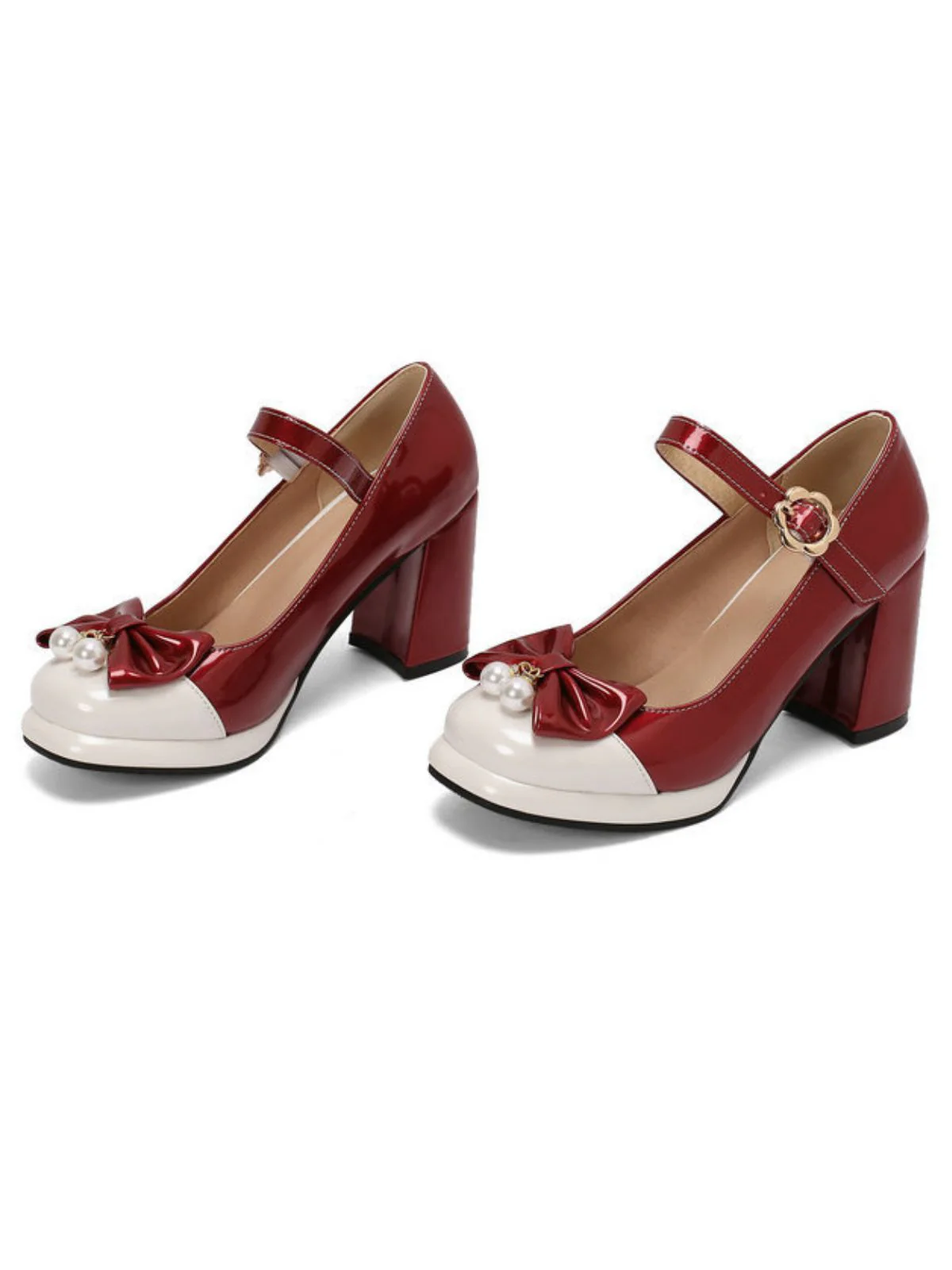 Retro Leather Colorblock Bowknot Chunky Heels - Image 16