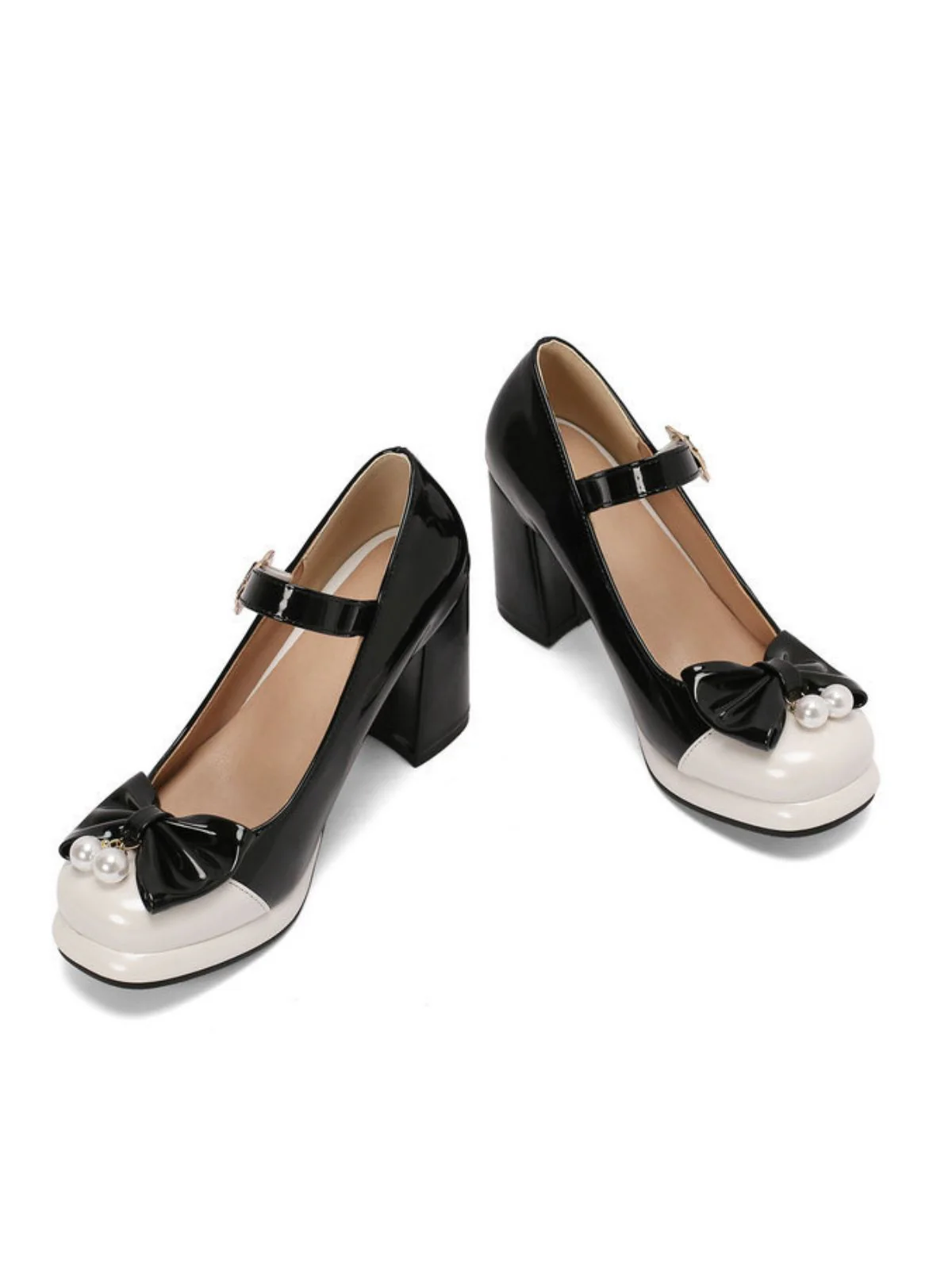 Retro Leather Colorblock Bowknot Chunky Heels - Image 4