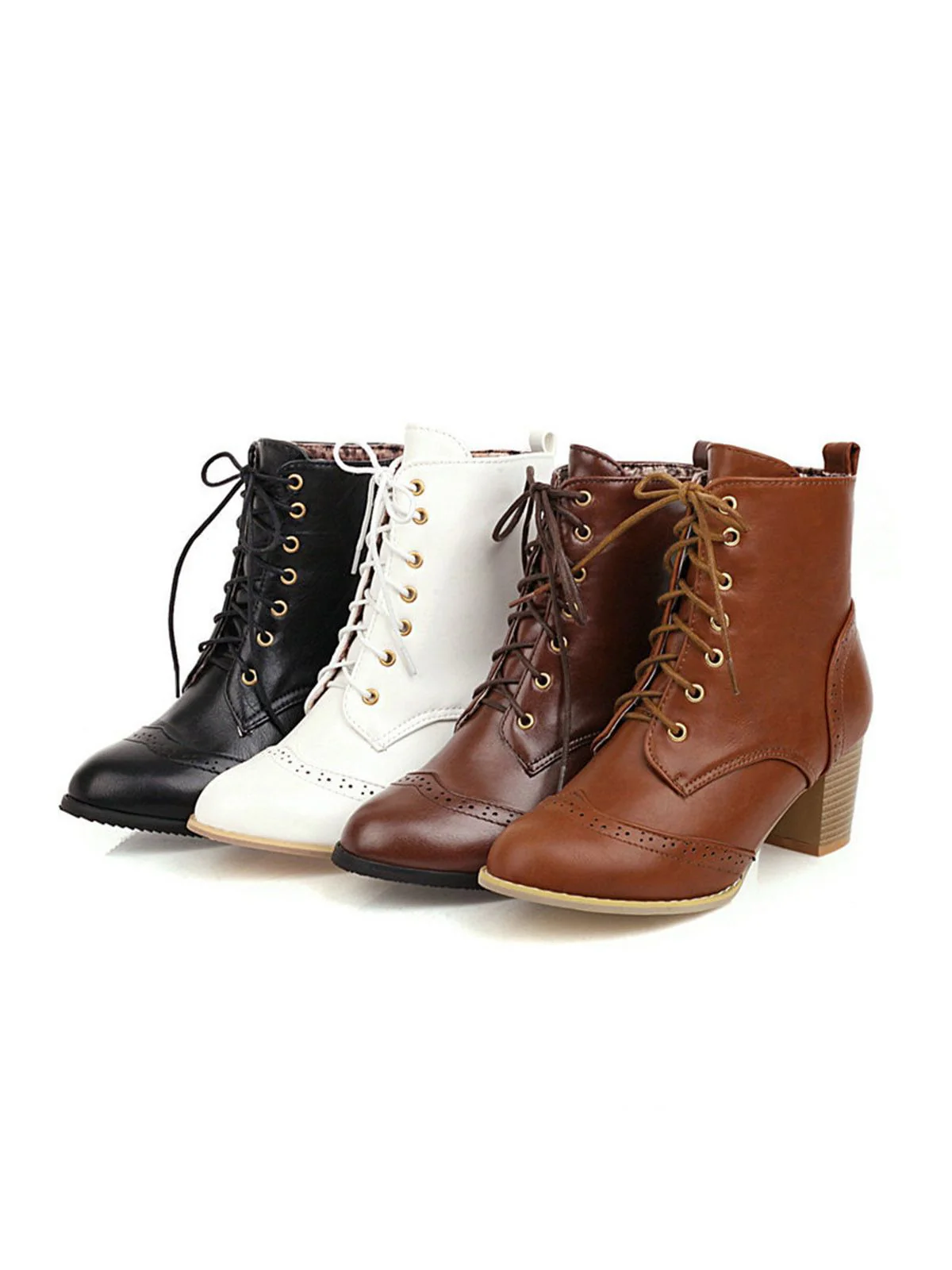 Retro Leather Medium Heel Lace-Up Combat Boots - Image 2