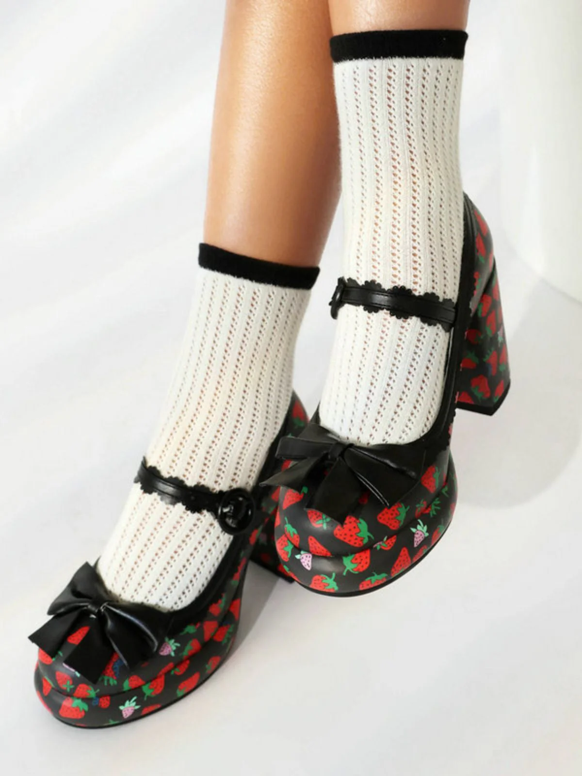 Retro Leather Strawberry Bow Chunky Heels - Image 10