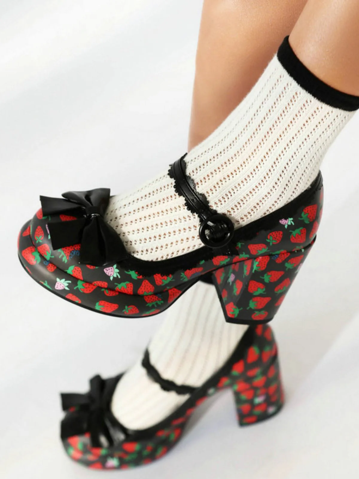 Retro Leather Strawberry Bow Chunky Heels - Image 11