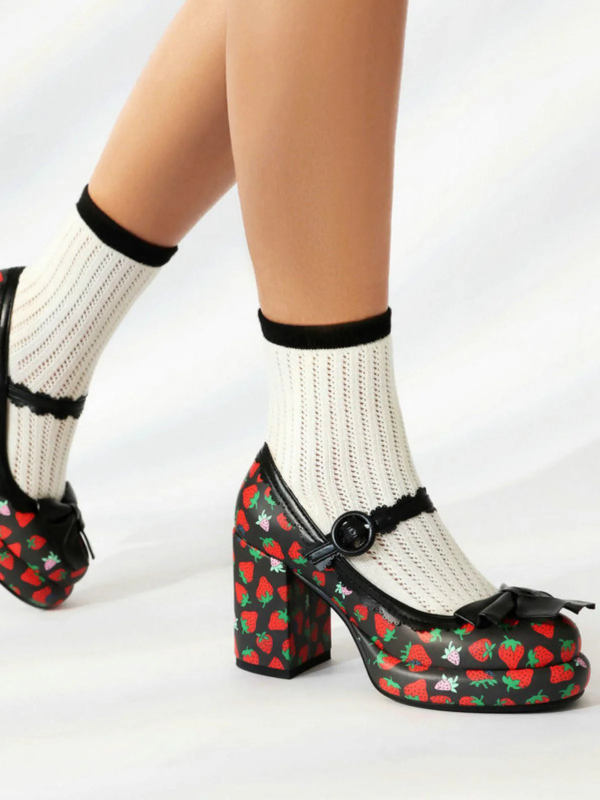 Retro Leather Strawberry Bow Chunky Heels - Image 12