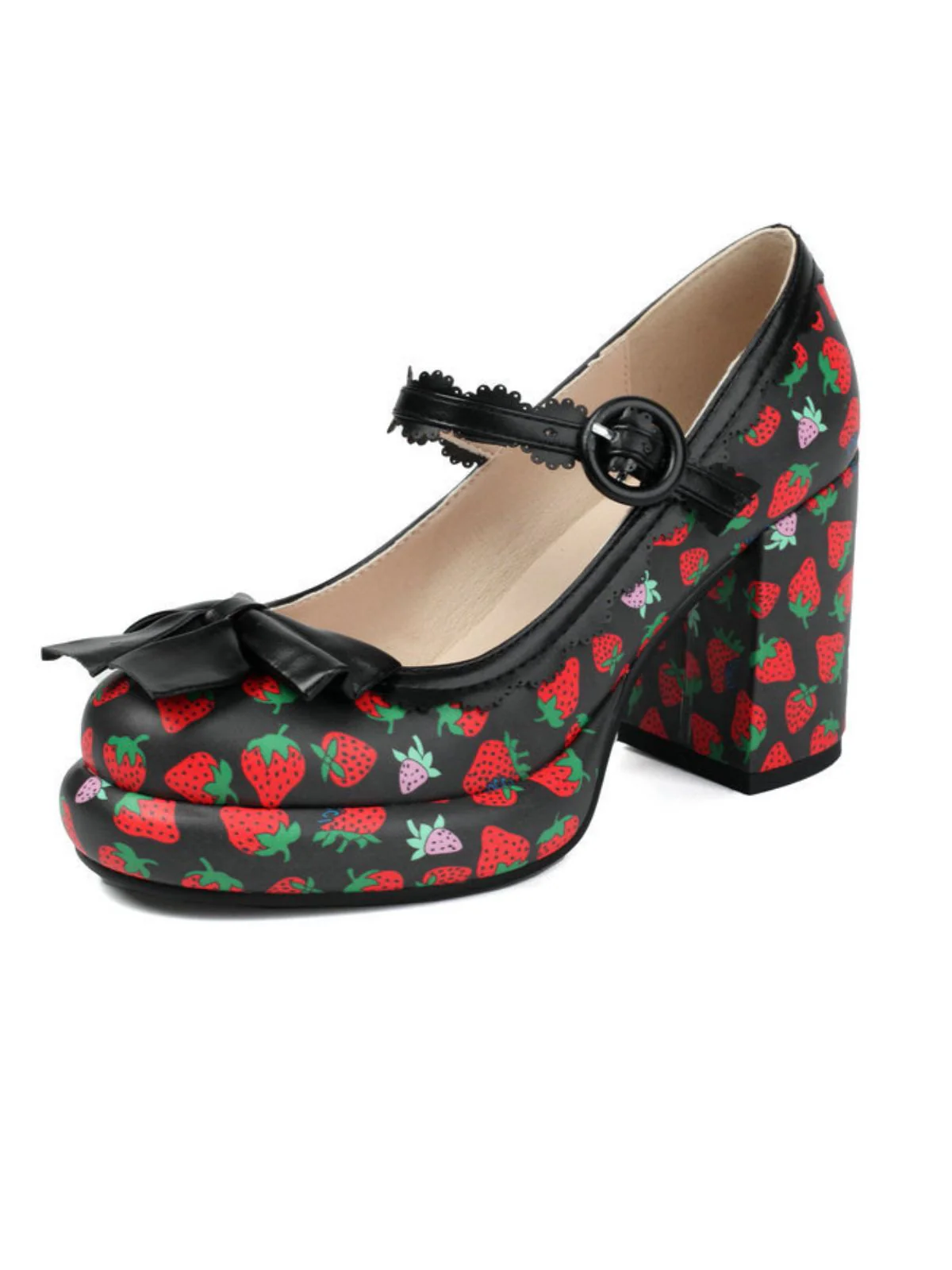 Retro Leather Strawberry Bow Chunky Heels - Image 2