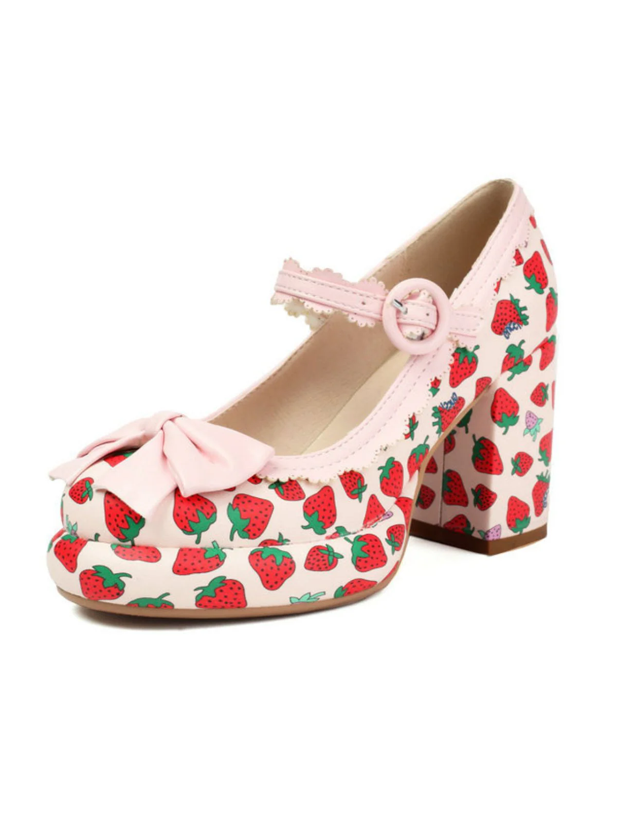 Retro Leather Strawberry Bow Chunky Heels - Image 3