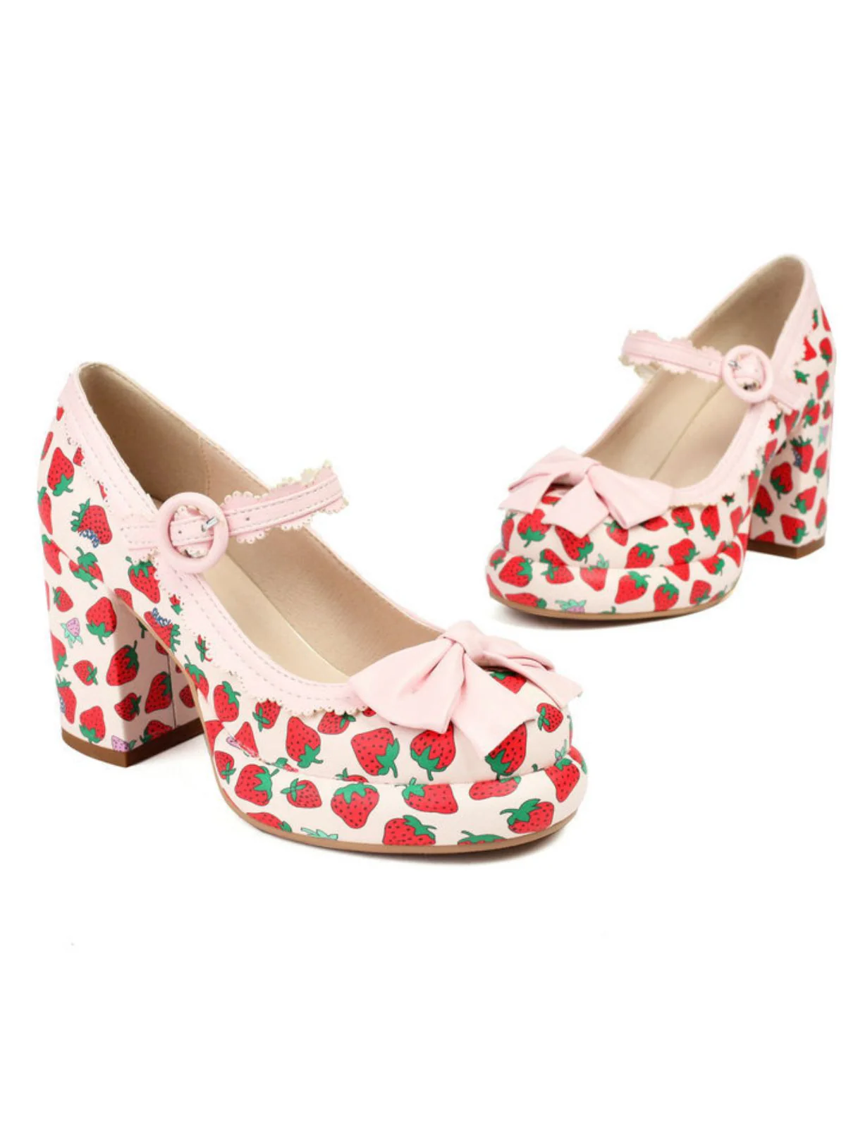 Retro Leather Strawberry Bow Chunky Heels - Image 4