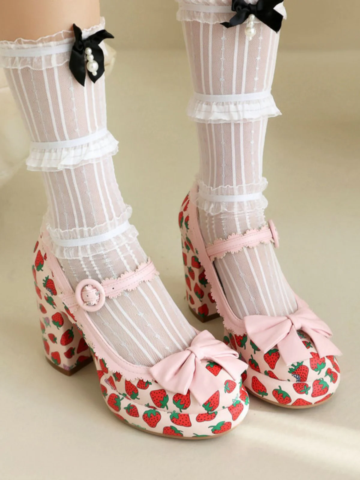 Retro Leather Strawberry Bow Chunky Heels - Image 5