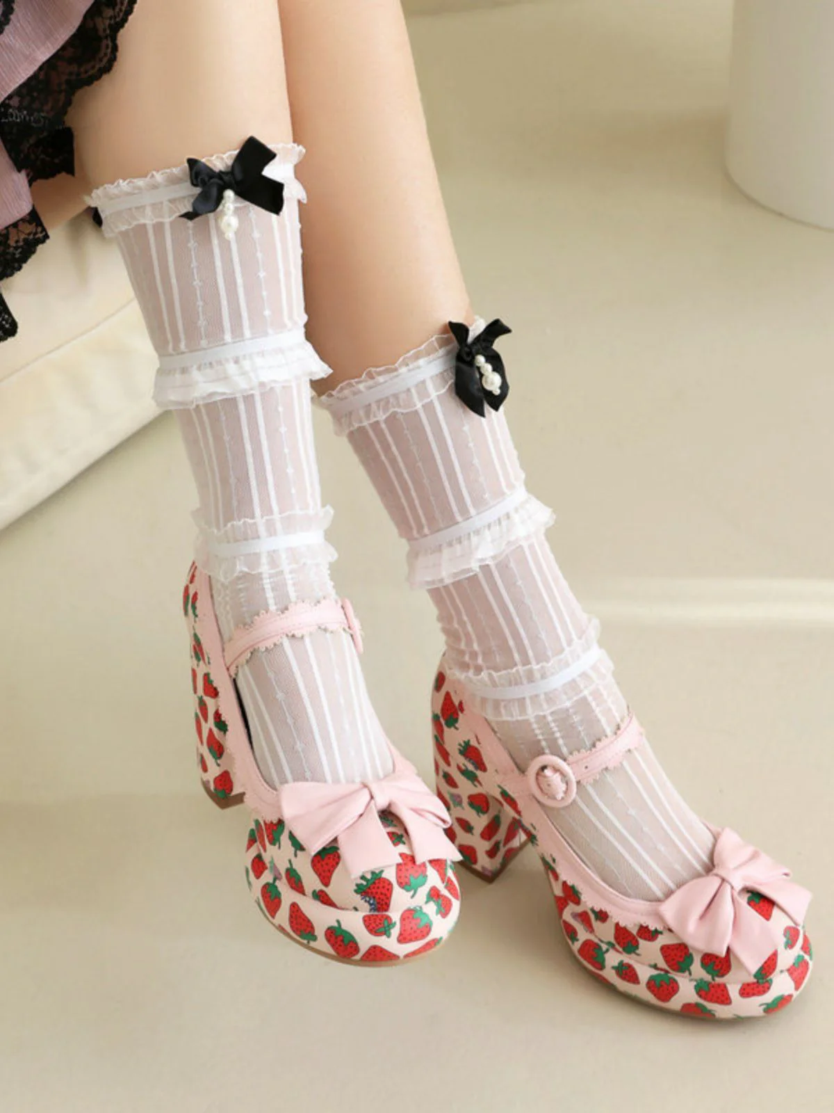 Retro Leather Strawberry Bow Chunky Heels - Image 7