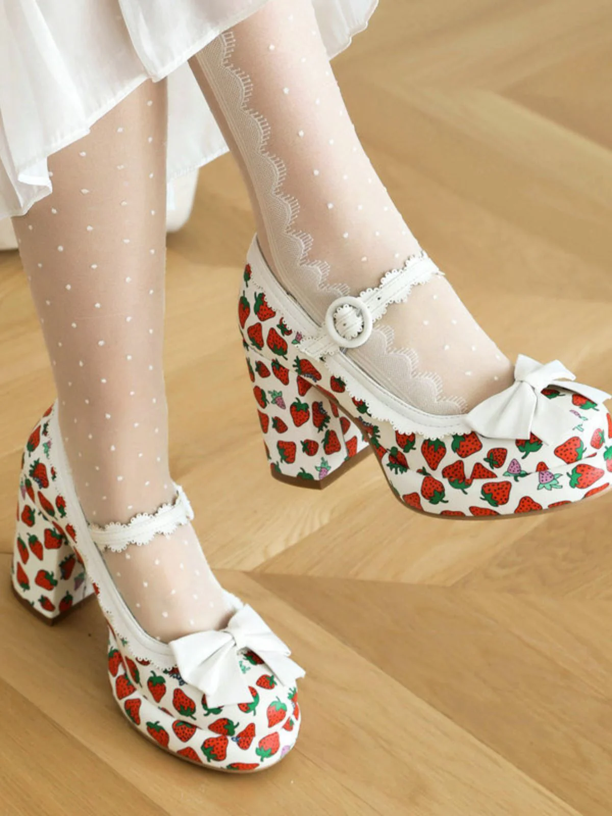 Retro Leather Strawberry Bow Chunky Heels - Image 8