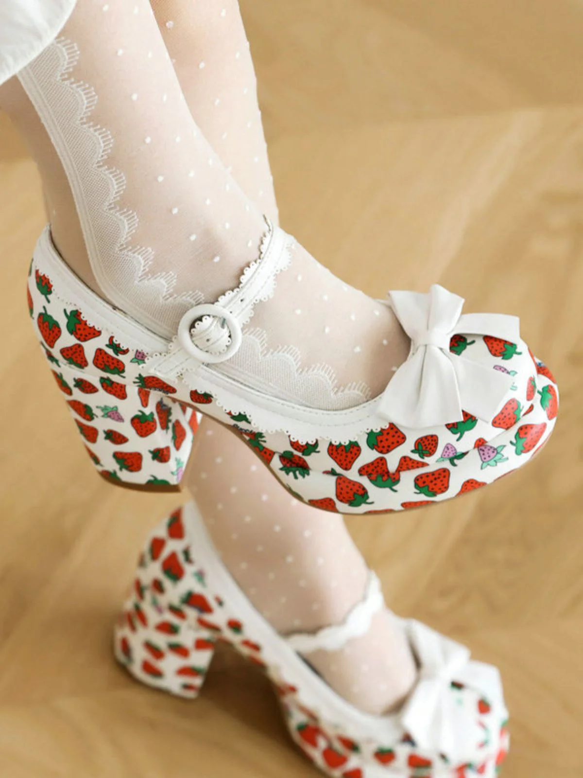Retro Leather Strawberry Bow Chunky Heels - Image 9