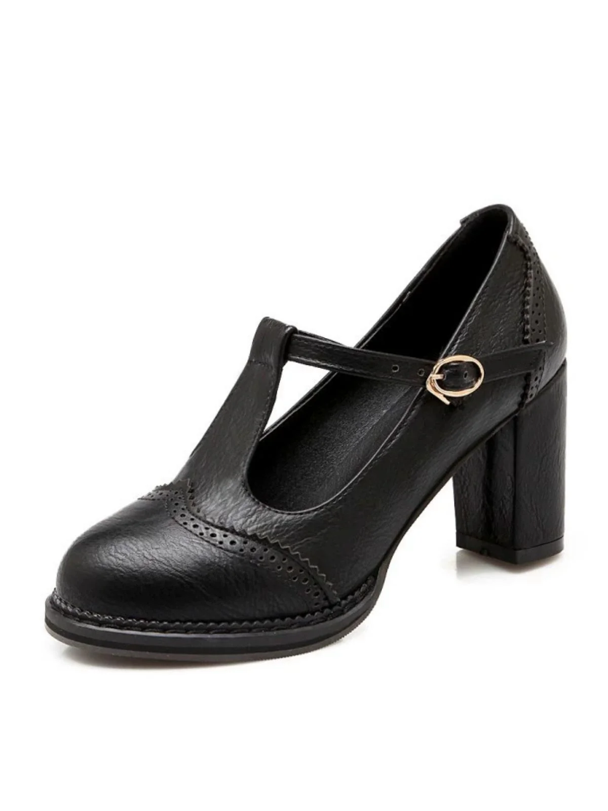 Retro Leather T-Strap Chunky Heel Shoes - Image 2