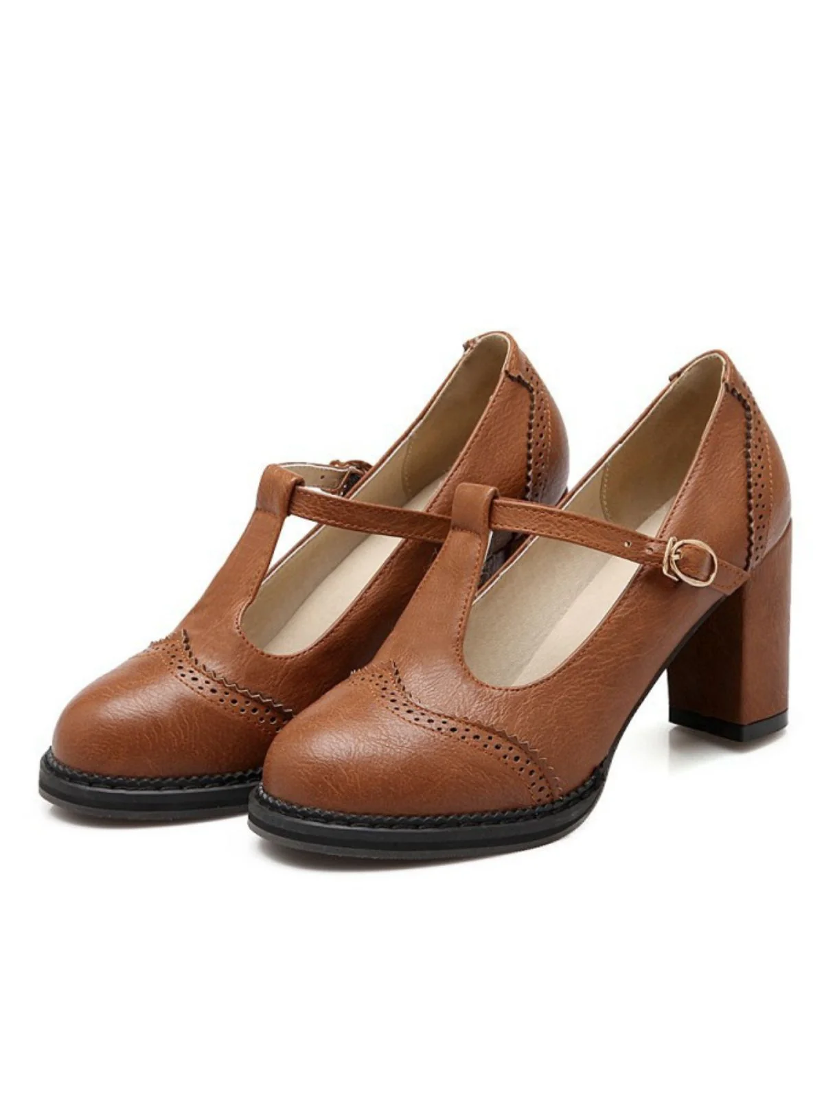 Retro Leather T-Strap Chunky Heel Shoes - Image 3