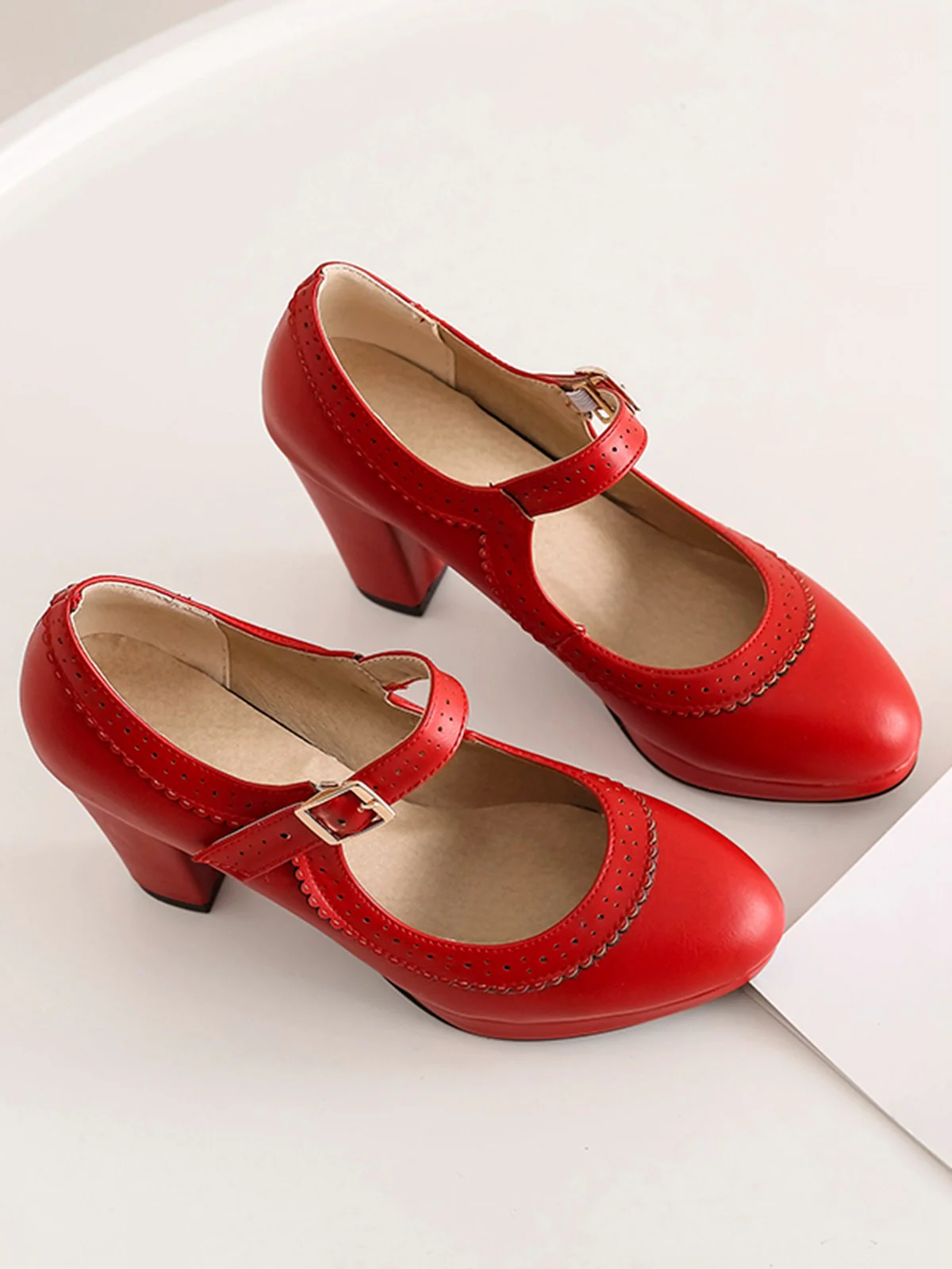 Retro Mary Jane Leather Chuny Heels - Image 4