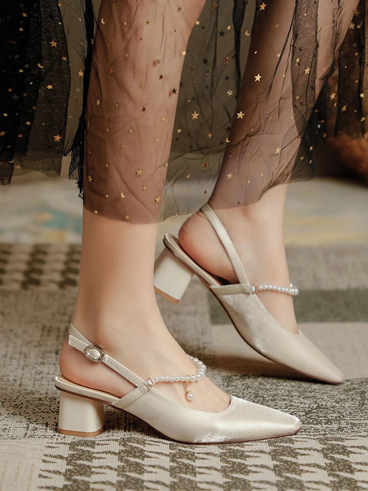 Retro Pearl Open Heel Black Chunky Heels Shoes - Image 10