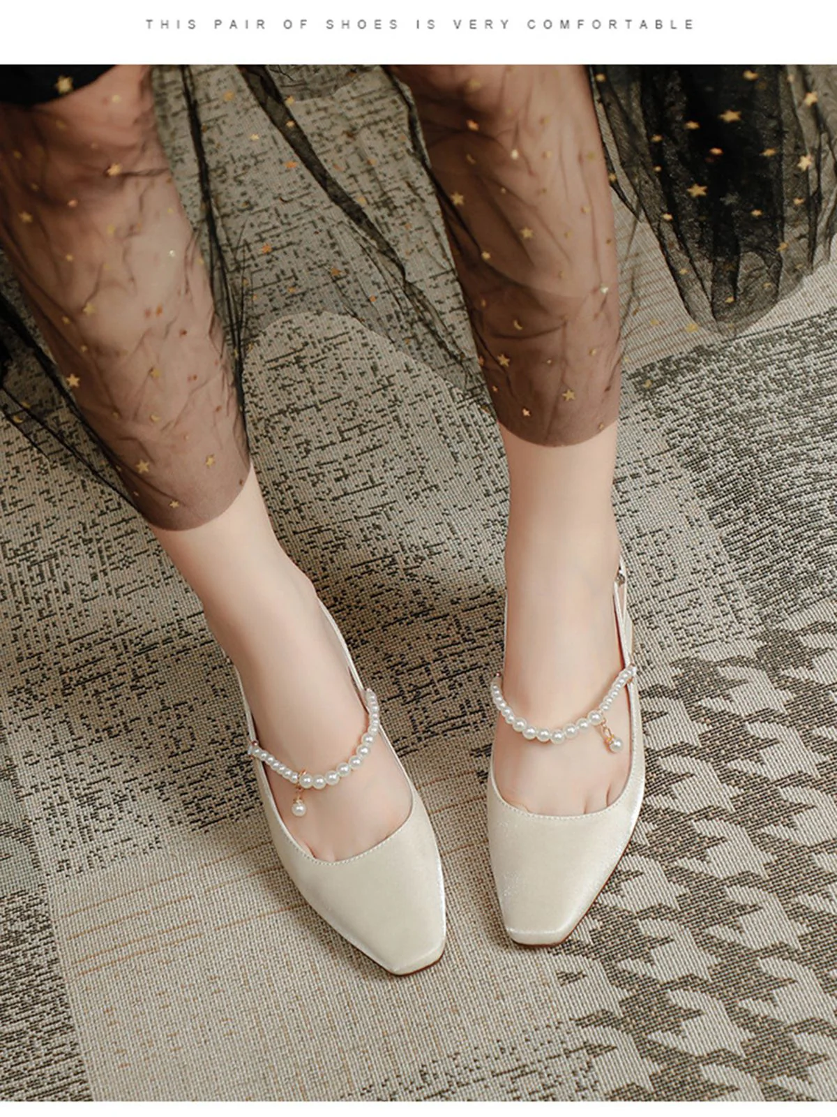 Retro Pearl Open Heel Black Chunky Heels Shoes - Image 12