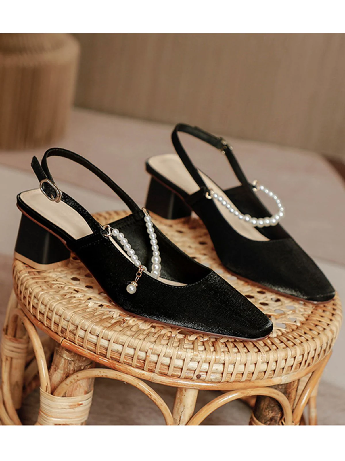 Retro Pearl Open Heel Black Chunky Heels Shoes - Image 2