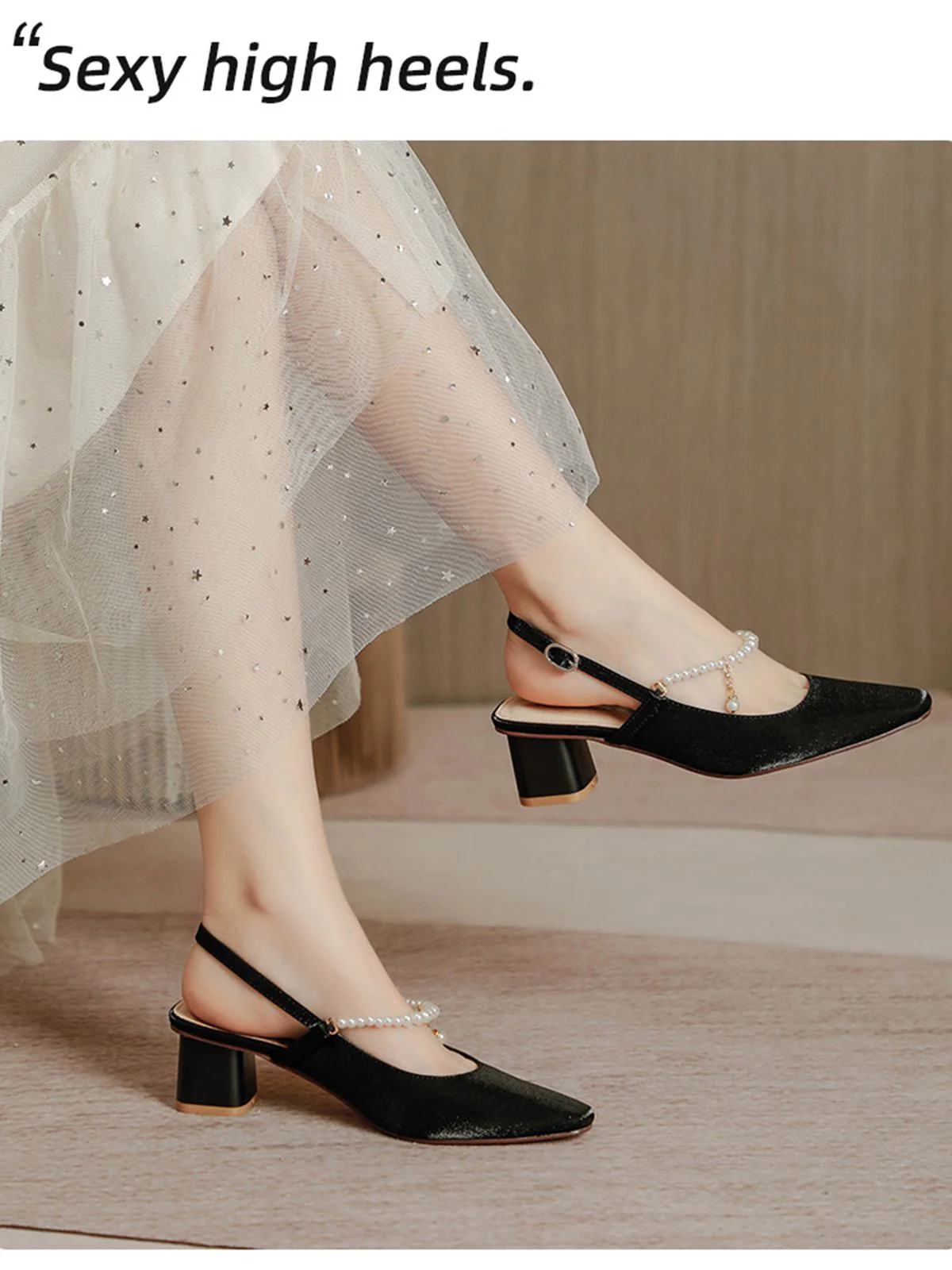 Retro Pearl Open Heel Black Chunky Heels Shoes - Image 3