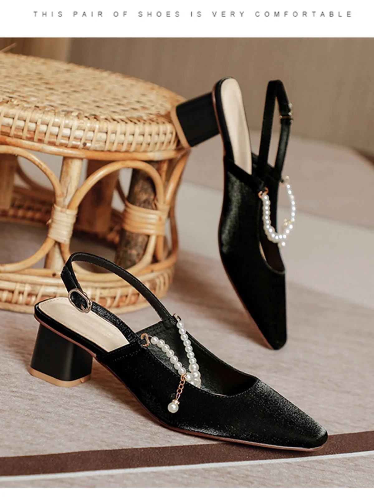 Retro Pearl Open Heel Black Chunky Heels Shoes - Image 4