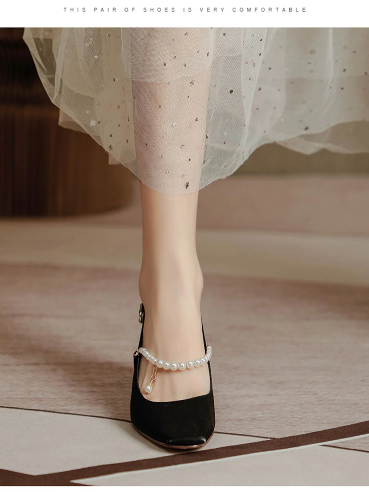 Retro Pearl Open Heel Black Chunky Heels Shoes - Image 5