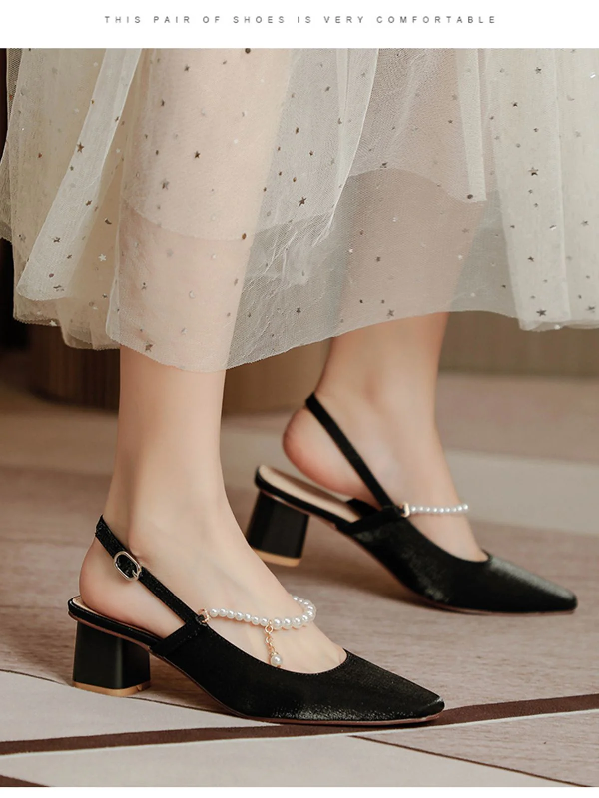 Retro Pearl Open Heel Black Chunky Heels Shoes - Image 6