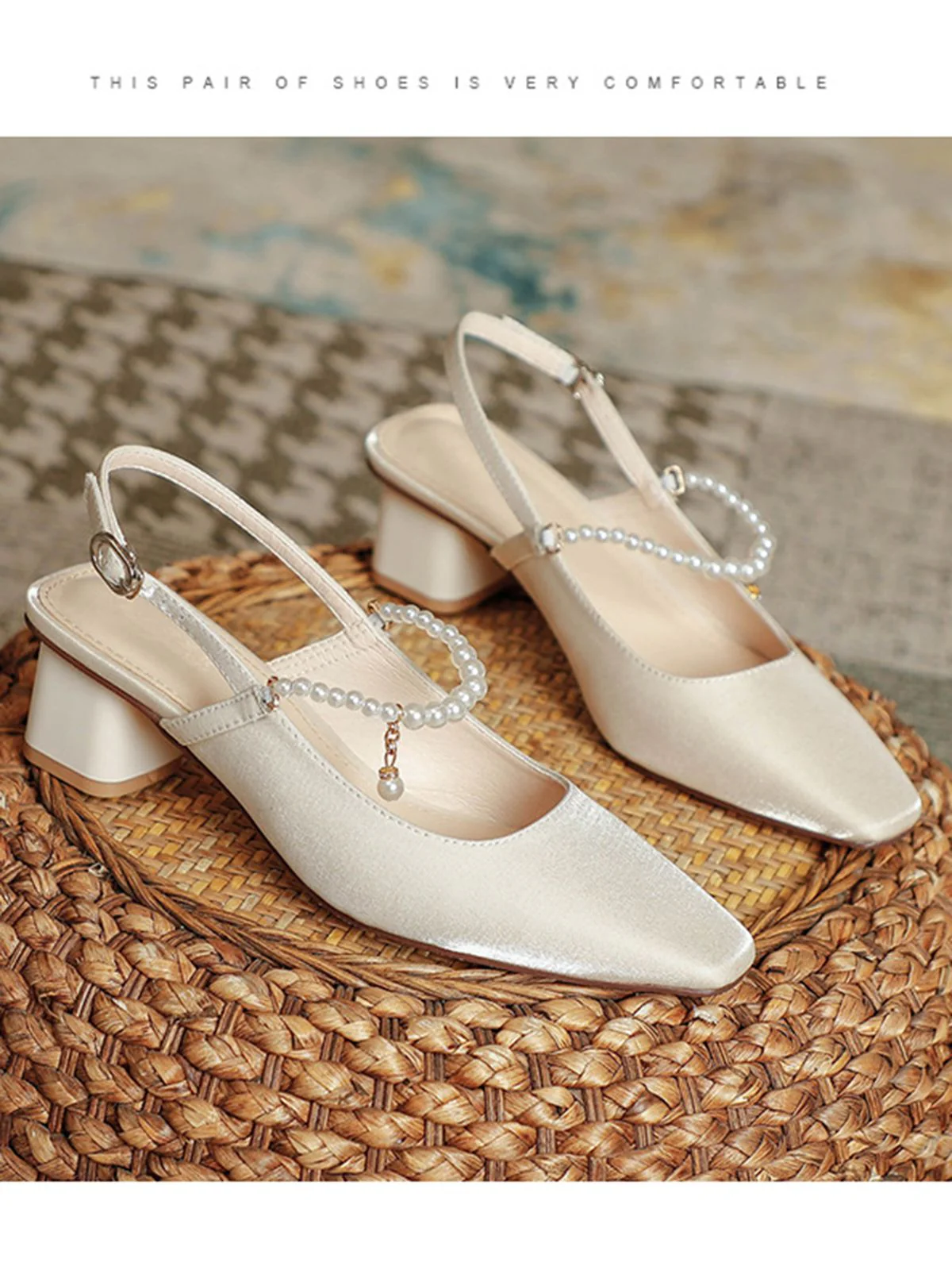 Retro Pearl Open Heel Black Chunky Heels Shoes - Image 9