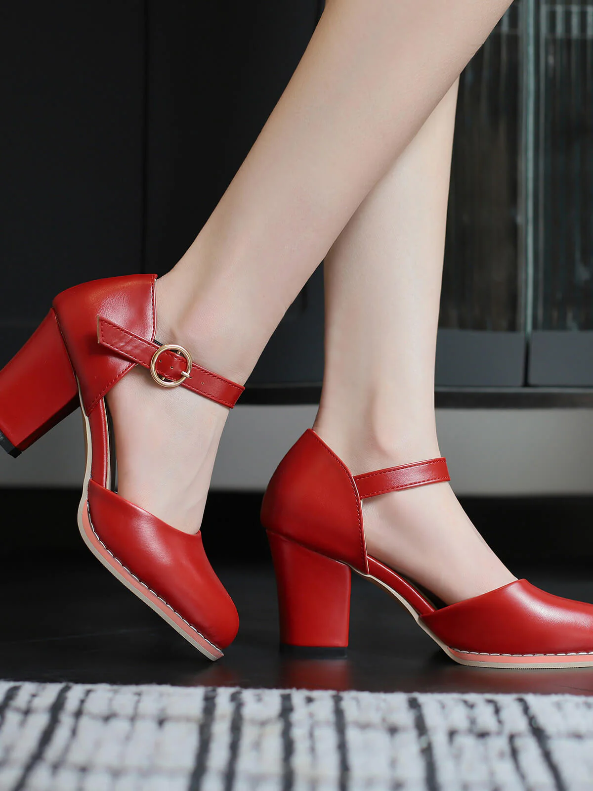 Retro PU Leather Chunky High Heels - Image 2