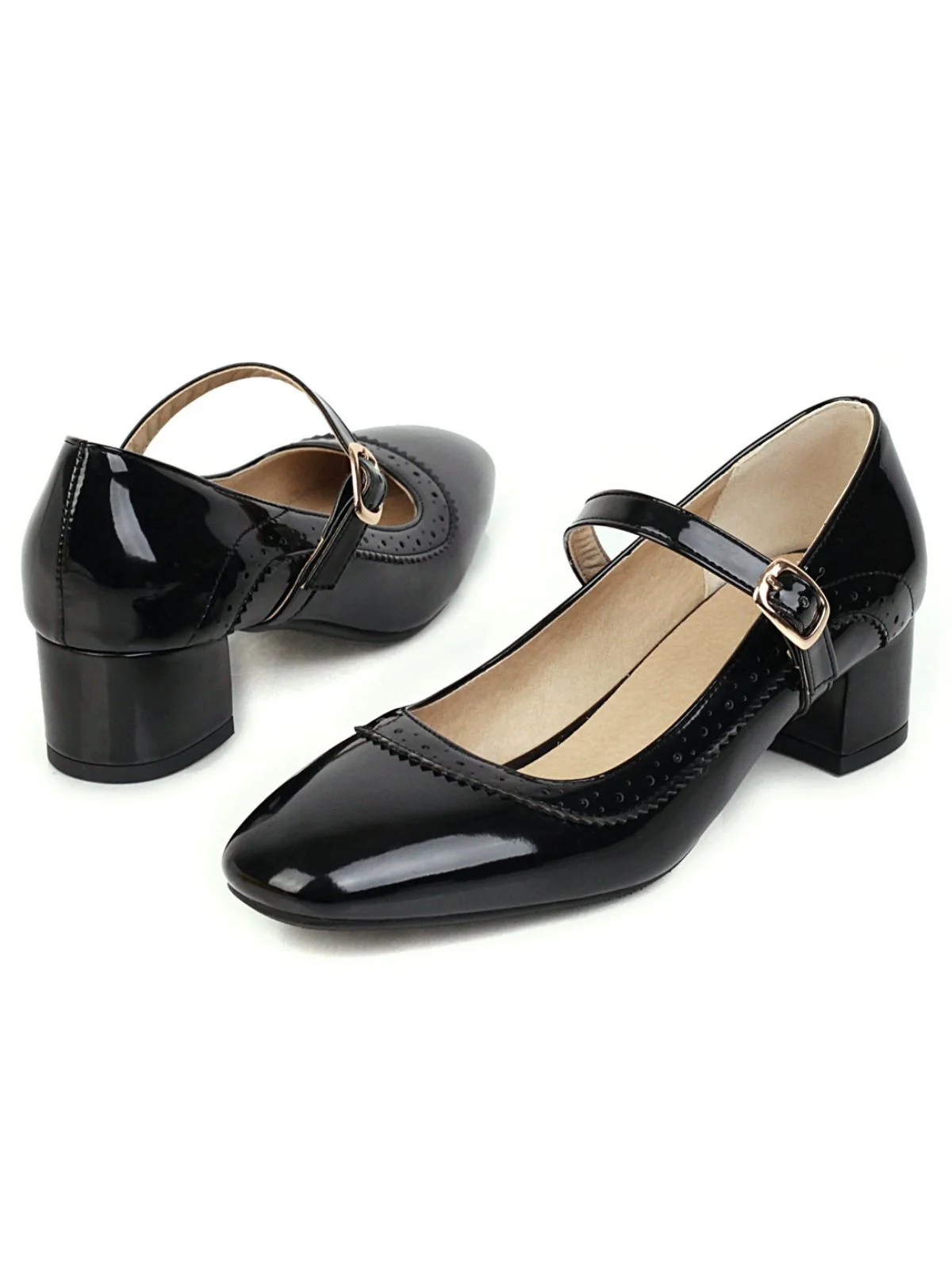 Retro PU Leather Solid Chunky Heels - Image 2