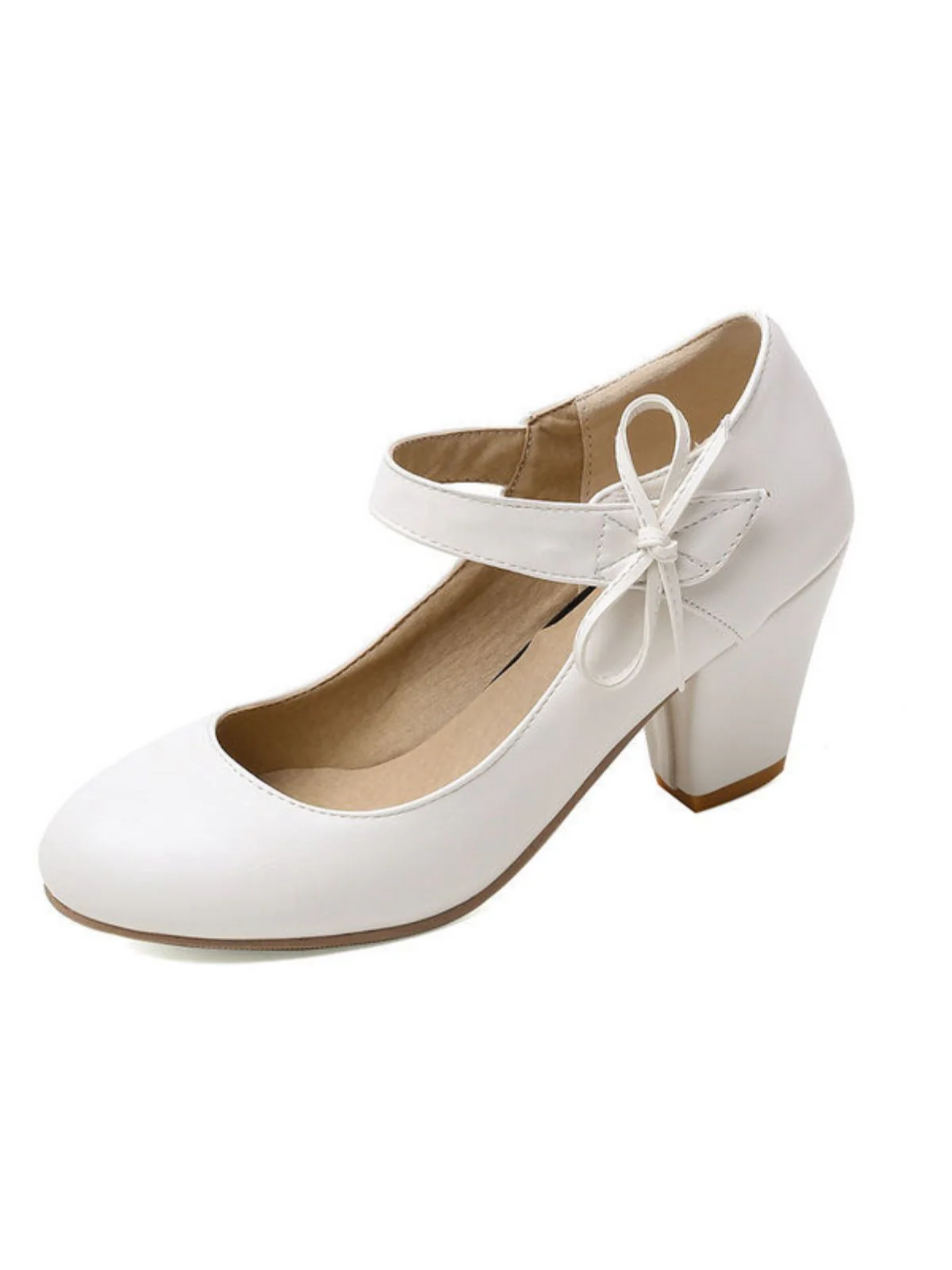 Retro Round Toe Solid Bowknot Chunky Heels - Image 13