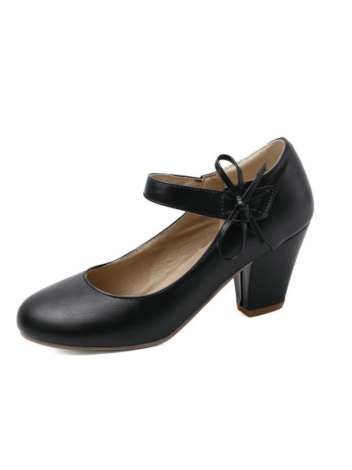Retro Round Toe Solid Bowknot Chunky Heels - Image 16