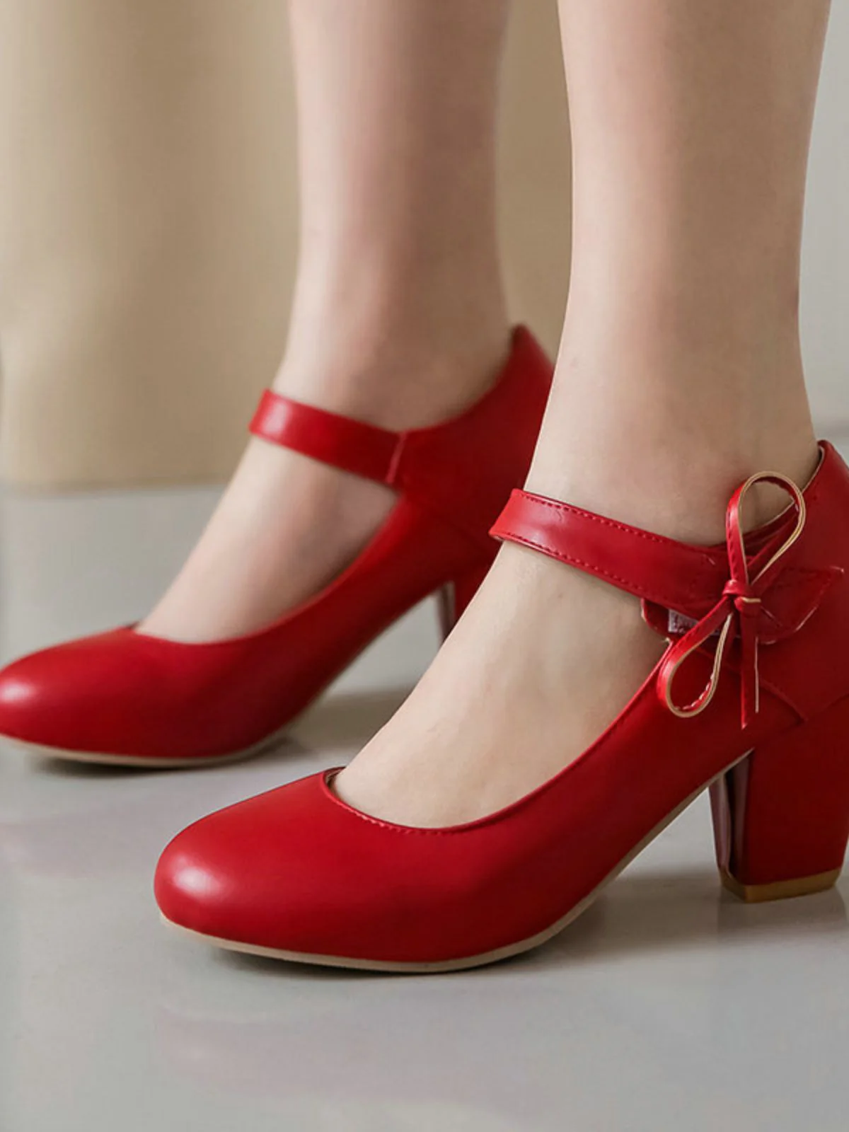 Retro Round Toe Solid Bowknot Chunky Heels - Image 3