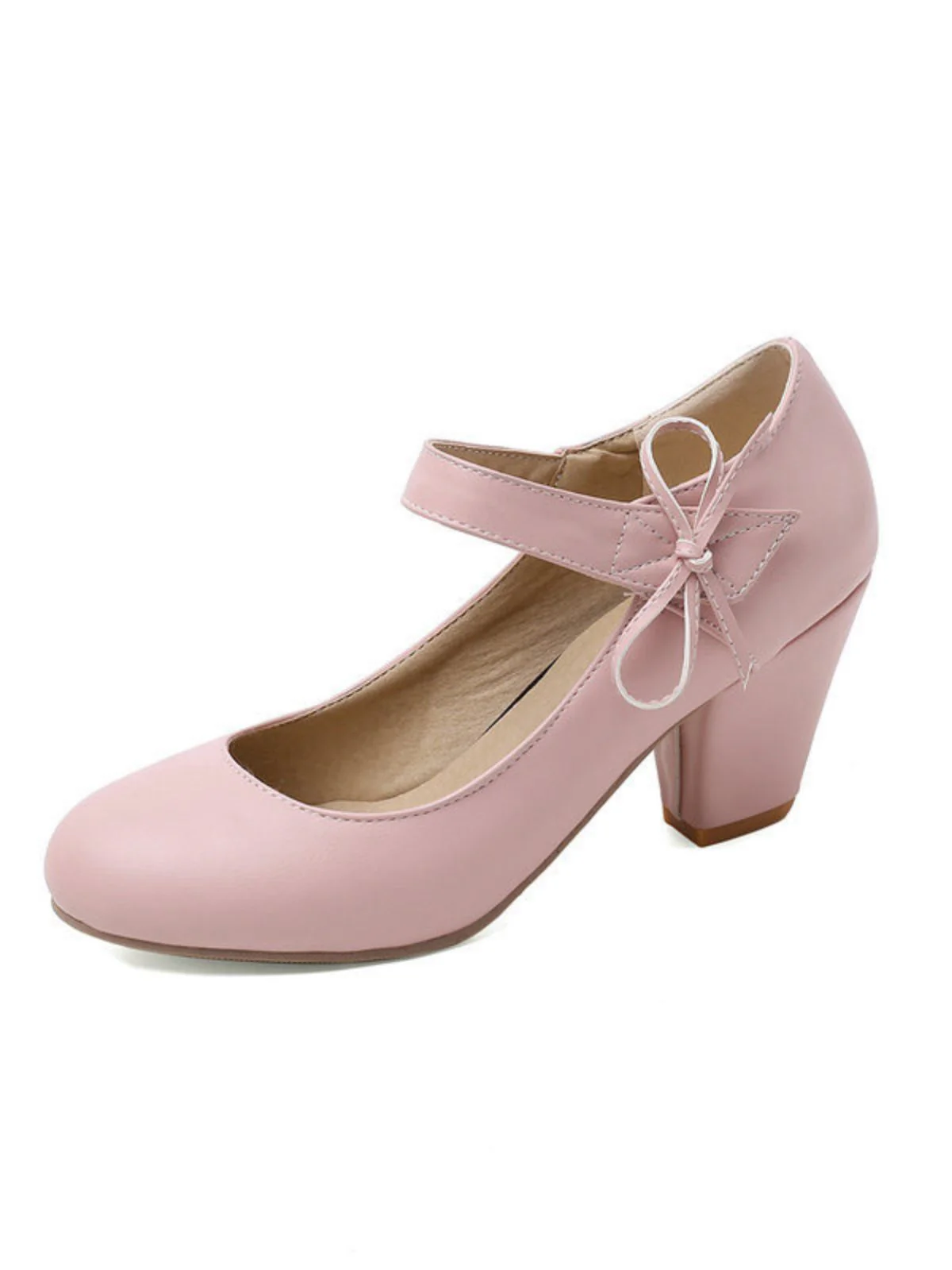 Retro Round Toe Solid Bowknot Chunky Heels - Image 4
