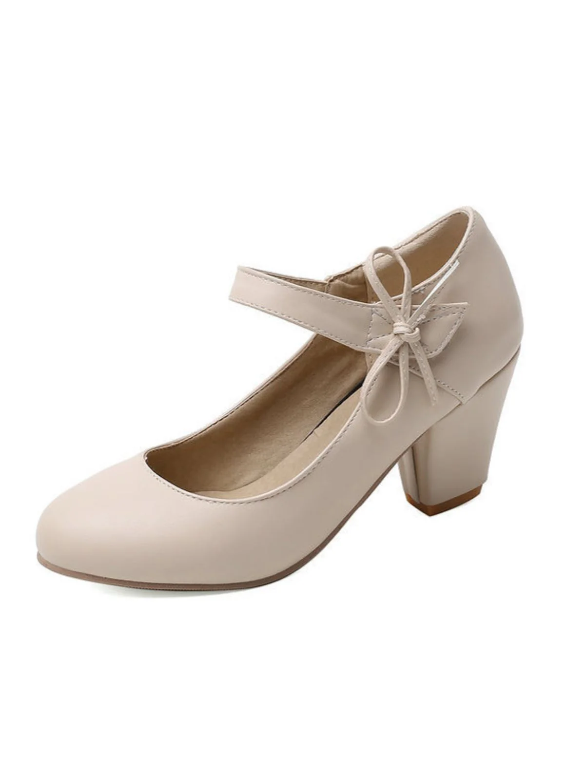 Retro Round Toe Solid Bowknot Chunky Heels - Image 7