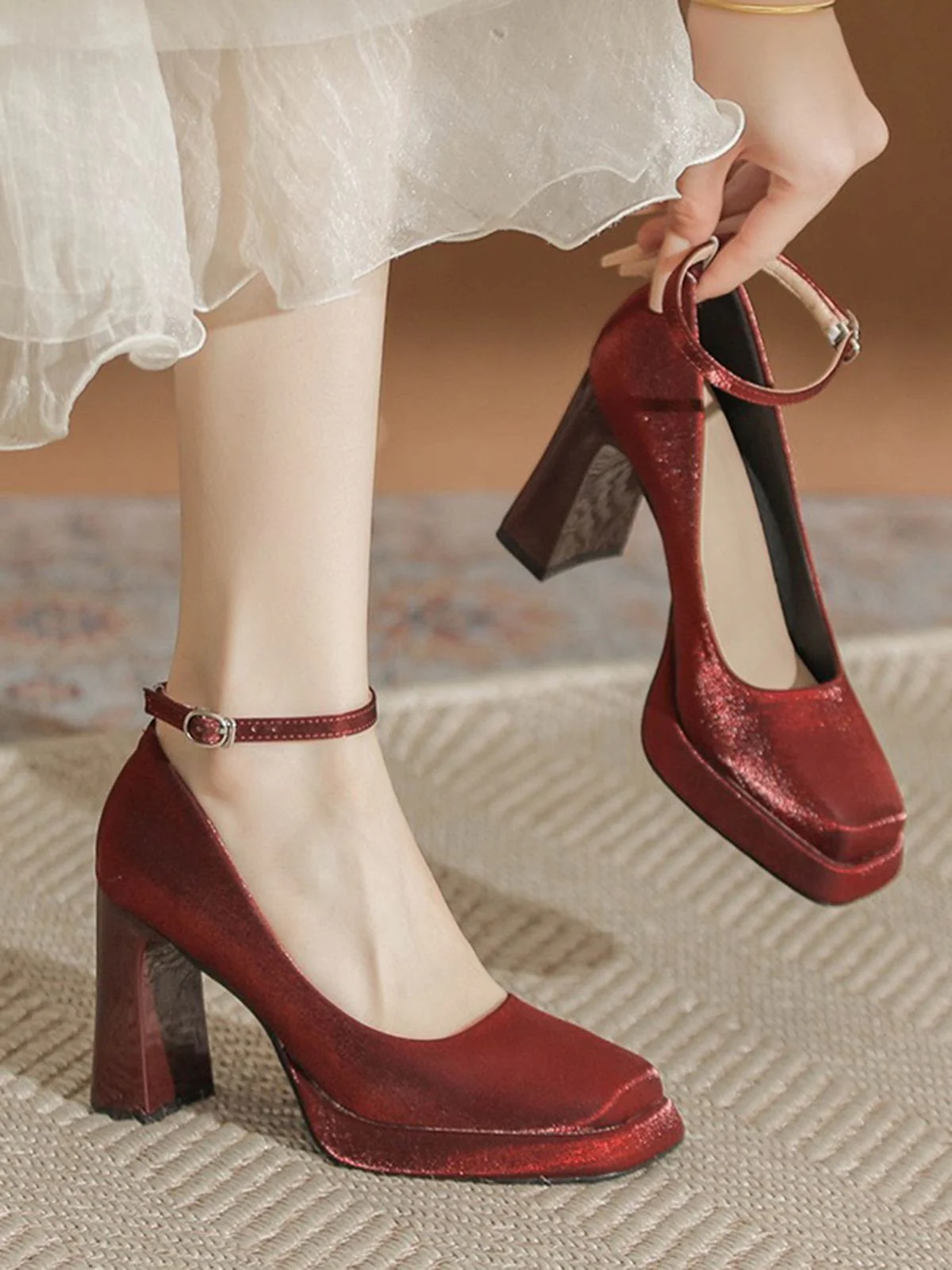 Retro Satin Block Heel Mary Jane Shoes - Image 2