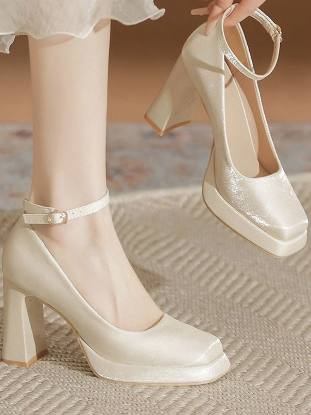 Retro Satin Block Heel Mary Jane Shoes - Image 4