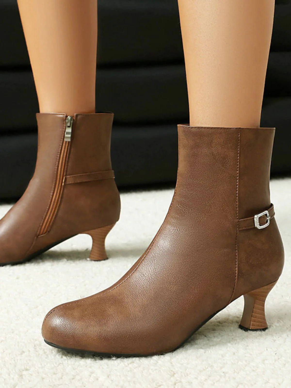 Retro Solid Faux Leather Side Zipper Ankle Boots - Image 11