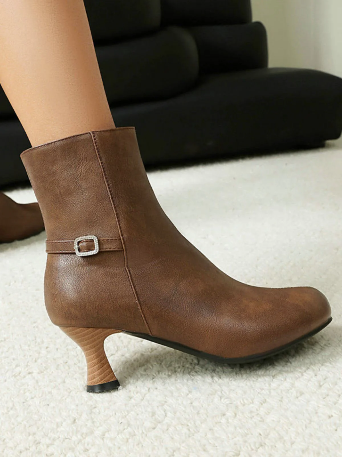 Retro Solid Faux Leather Side Zipper Ankle Boots - Image 13