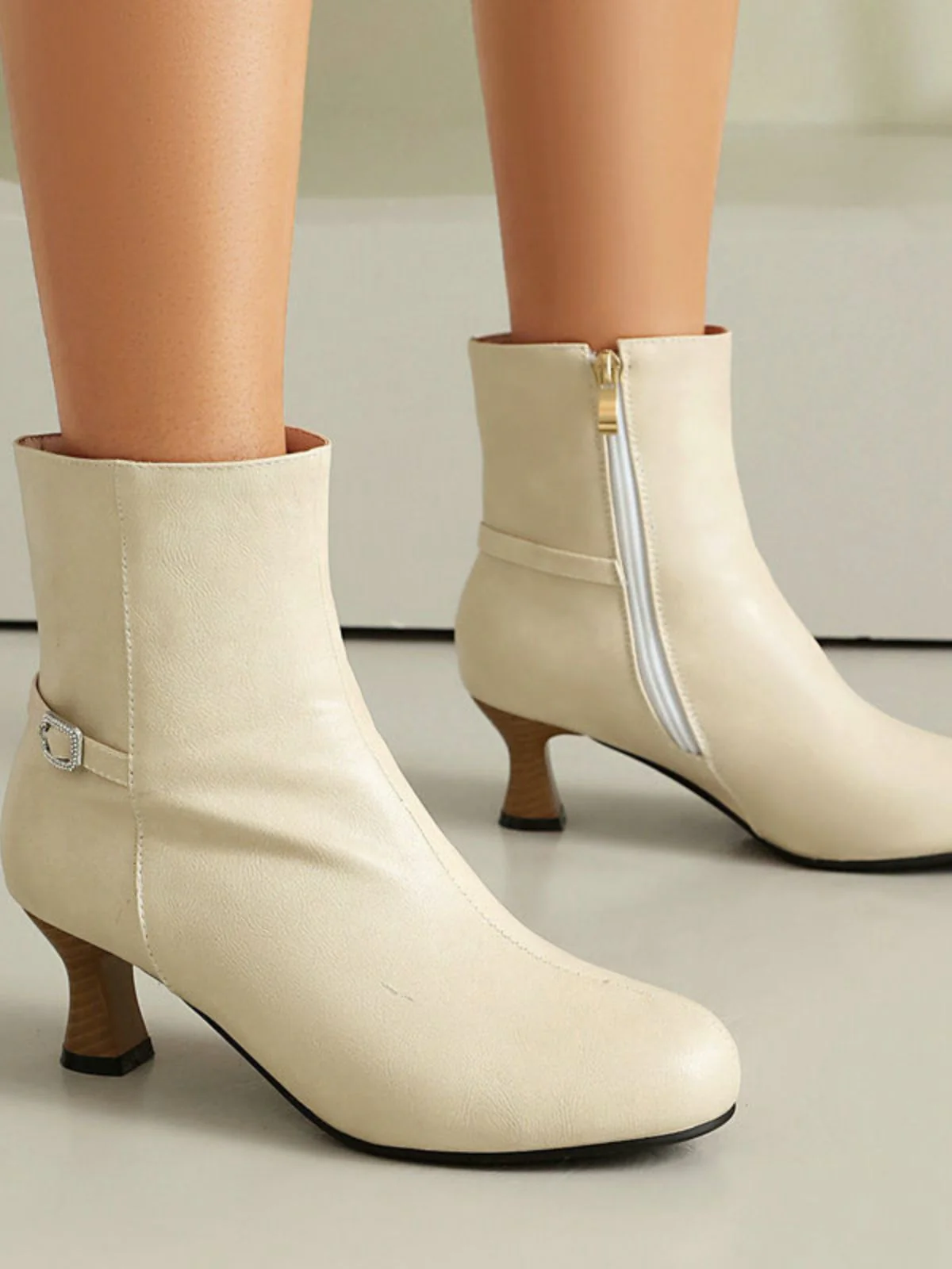 Retro Solid Faux Leather Side Zipper Ankle Boots - Image 8