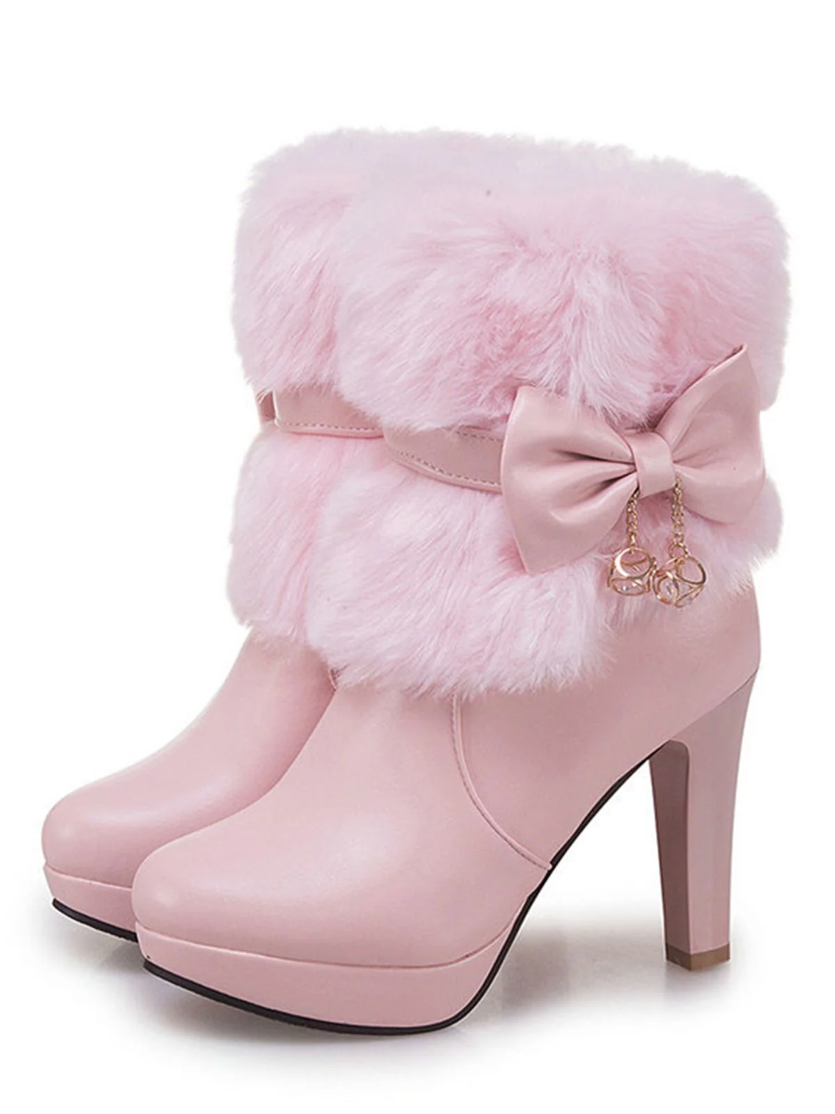 Retro Solid Furry Chunky Heel Short Boots - Image 3