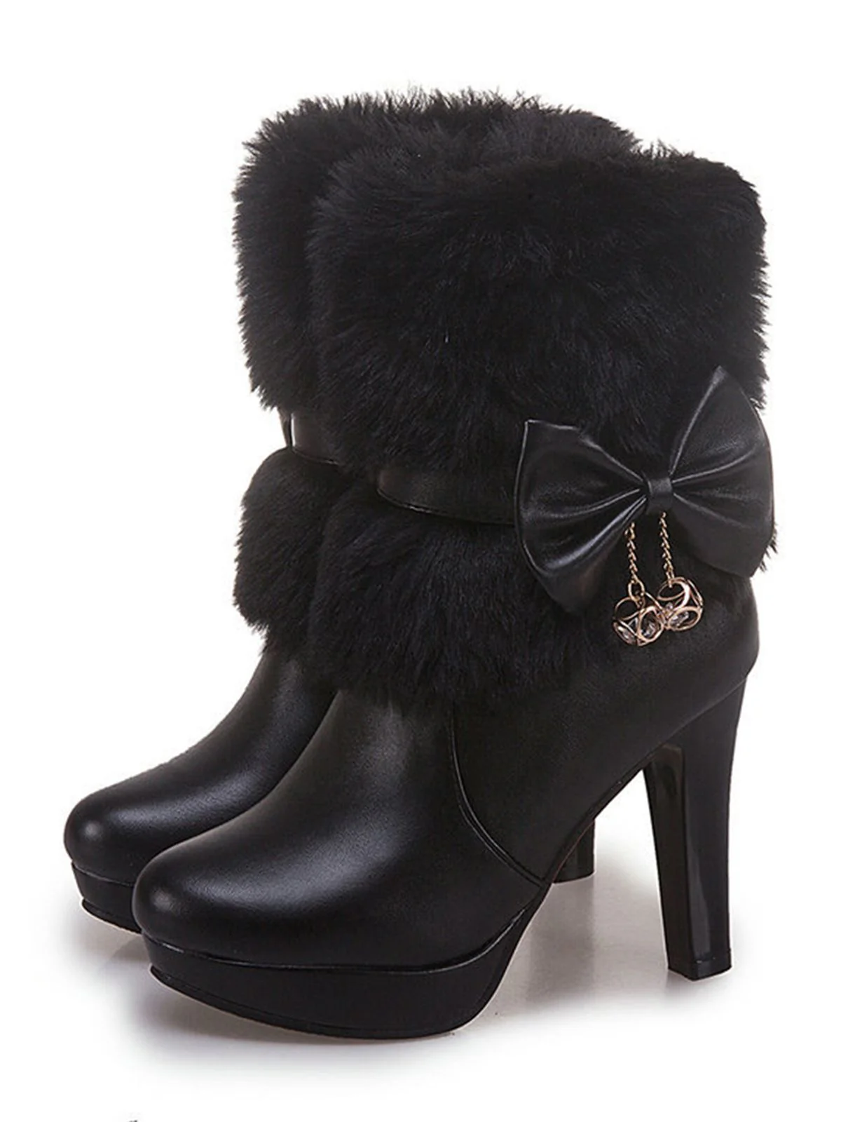 Retro Solid Furry Chunky Heel Short Boots - Image 10