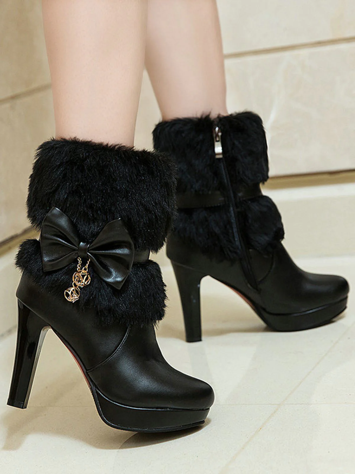 Retro Solid Furry Chunky Heel Short Boots - Image 11