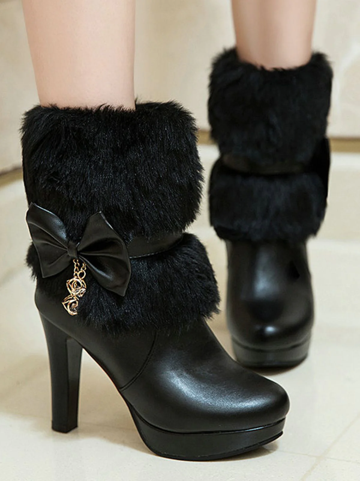Retro Solid Furry Chunky Heel Short Boots - Image 12