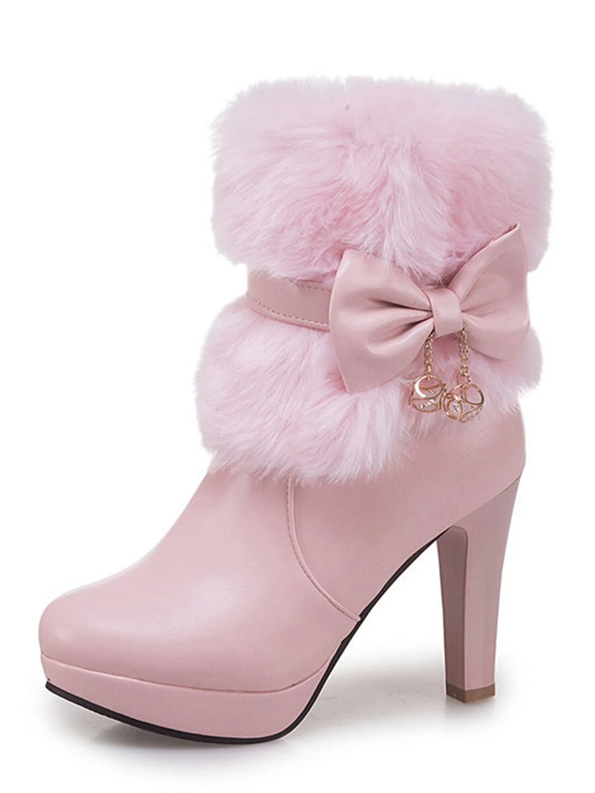 Retro Solid Furry Chunky Heel Short Boots - Image 6