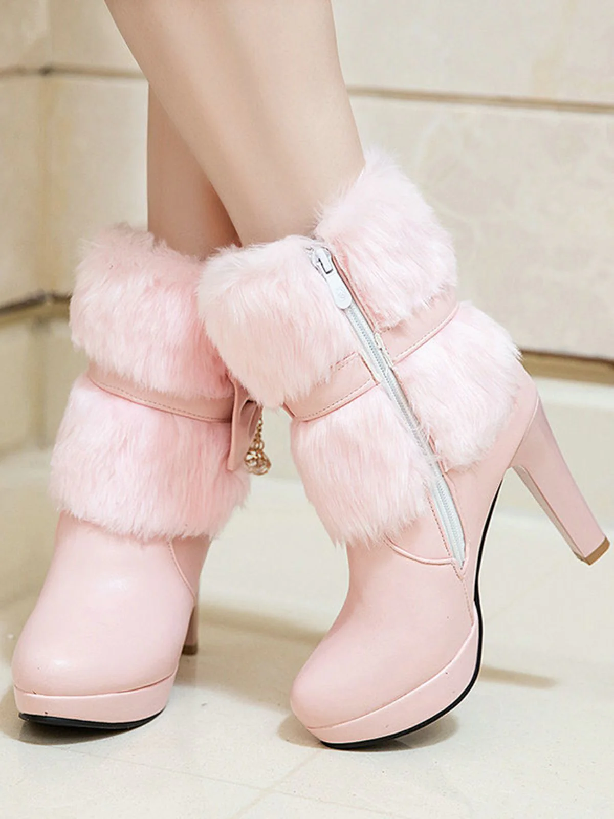Retro Solid Furry Chunky Heel Short Boots - Image 8